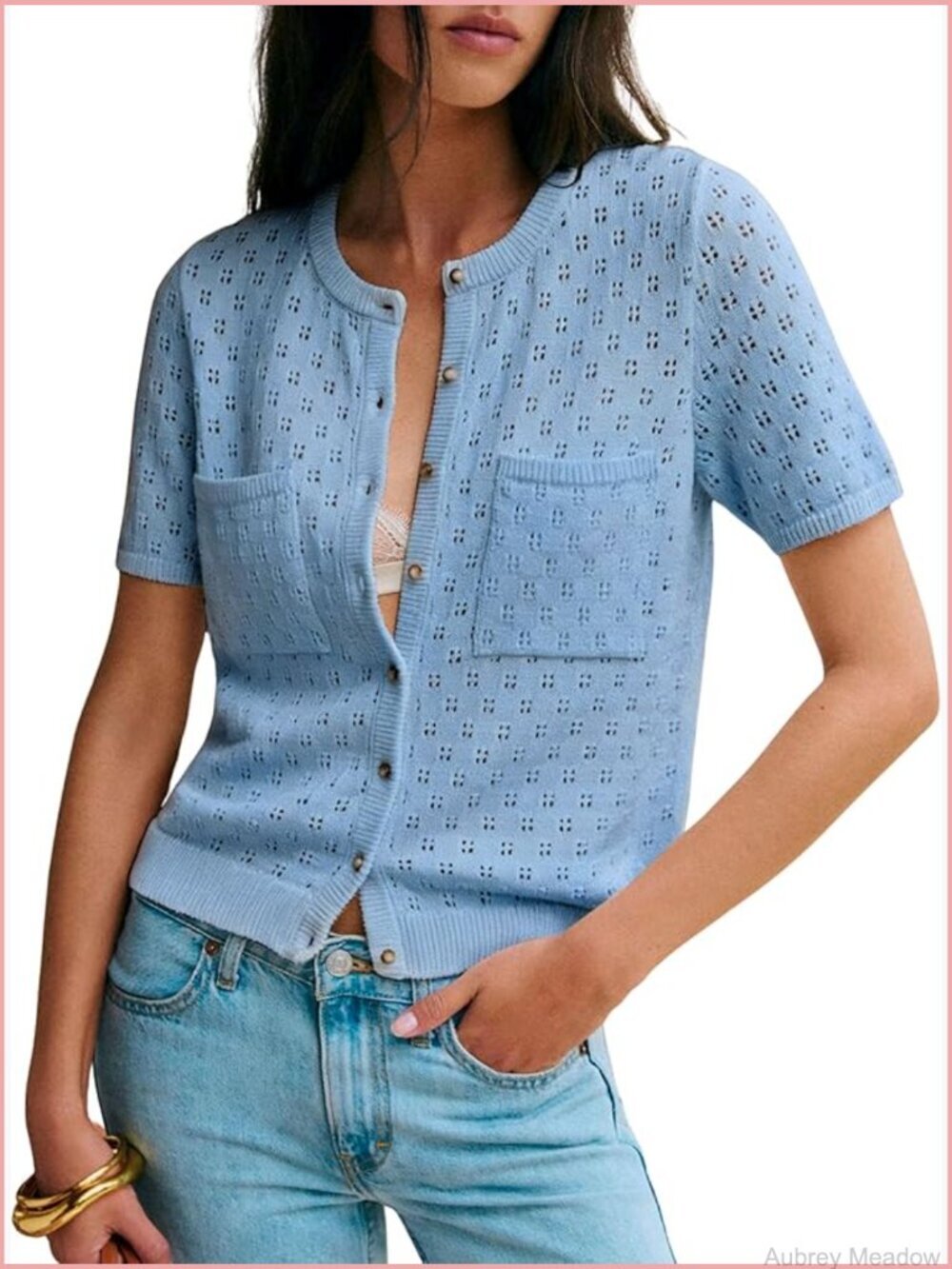 Lightweight Crochet Cardigan Short Sleeve Button Up Crop Sweater Summer Open
